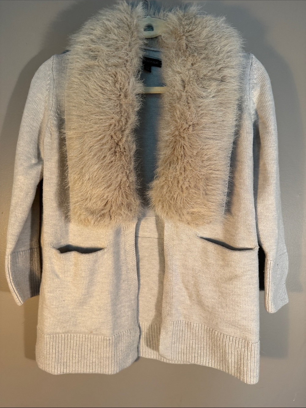 Banana Republic Cream Faux-Fur Collar Open Cardigan, Removable Collar